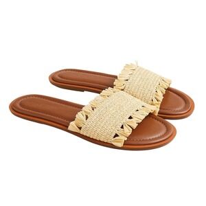 J.Crew Sorrento Raffia Fringe Slide Sandals Tan Brown Leather Size 8‎